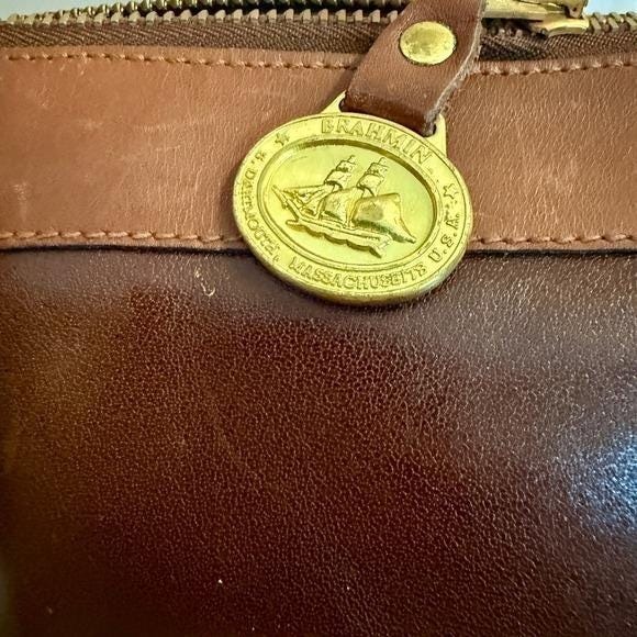 Vintage 90s Brahmin Fairhaven Smooth Two‑Tone Brown Leather Shoulder Bag Purse - Picture 4 of 6